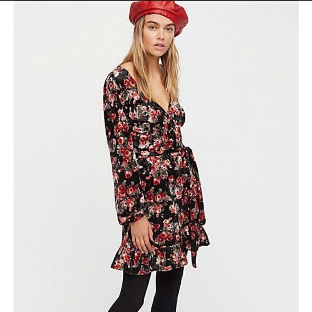 NWOT Free People Fall Crush Floral Wrap Dress Velvet Dress M